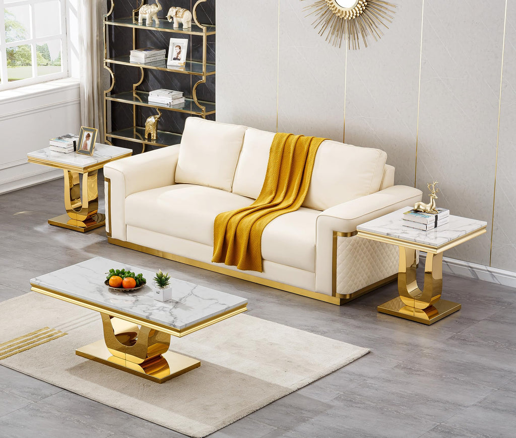 Set of 3 Faux Marble Coffee End Table Gold U Stainless Steel Base