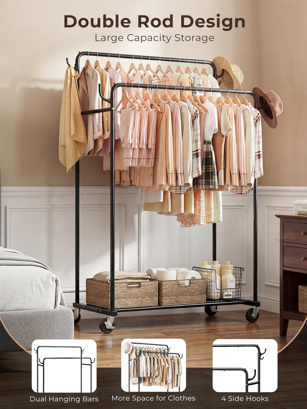 Clothes Rack, Rolling Clothing Rack with Double Rods for Hanging Clothes, Portable Garment Rack with Wheels, Metal