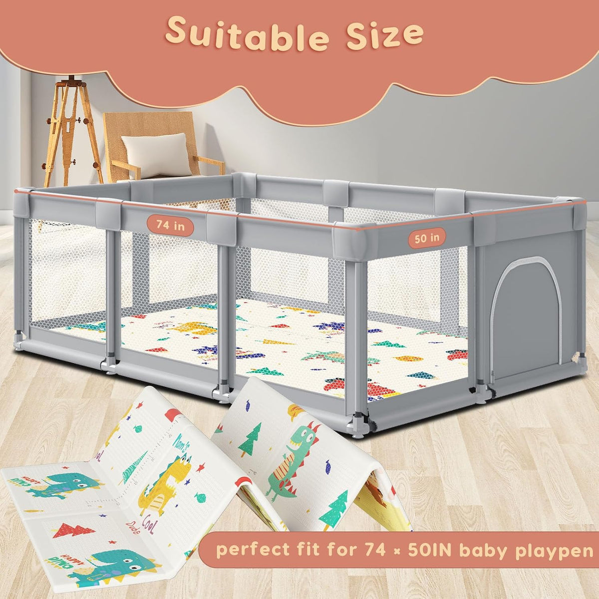 74" × 50" Baby Play Mat for Floor, Baby Playmat for Playpen, Thick Ultra Soft Playpen Mat for Playing or Crawling