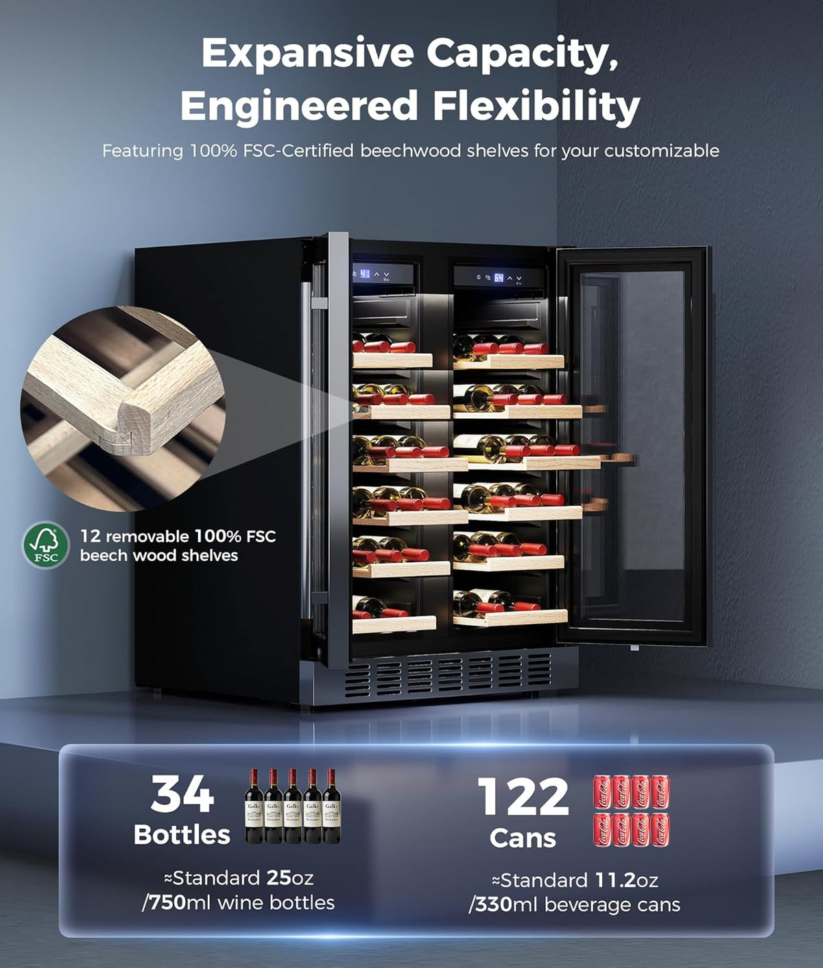 Wine Fridge Beverage Refrigerator - 24 Inch Wine Cooler Refrigerator, 34 Bottles Dual Zone 41 - 64°F/41