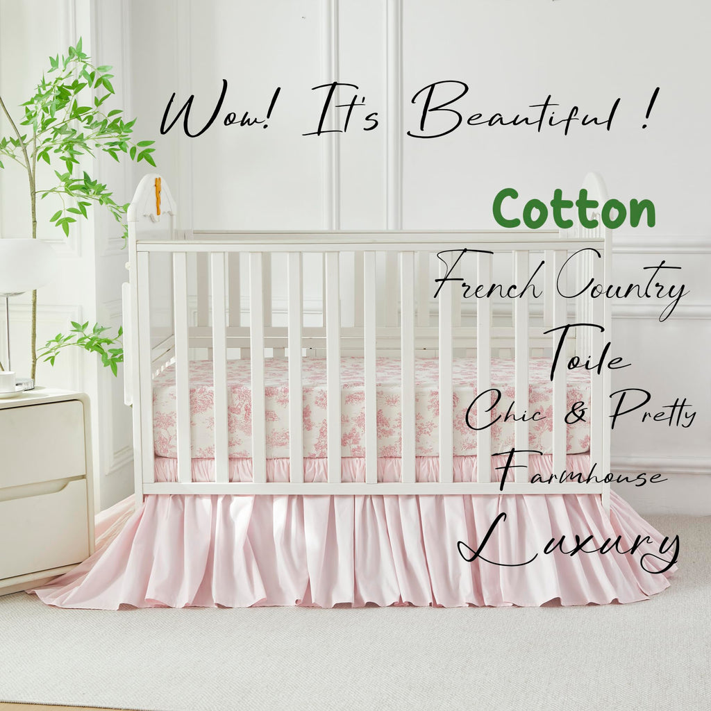 French Country Toile Crib Bedding Set for Girls Vintage Pink Toile Floral Print 100% Cotton Baby Girl Nursery Bedding