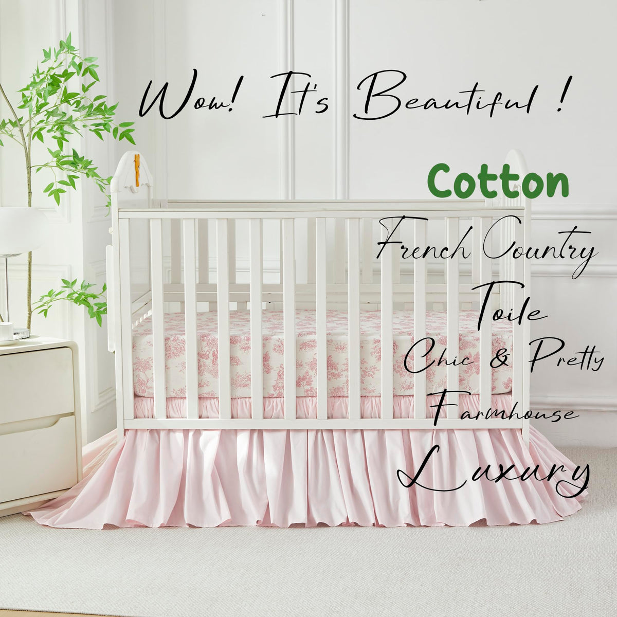 French Country Toile Crib Bedding Set for Girls Vintage Pink Toile Floral Print 100% Cotton Baby Girl Nursery Bedding