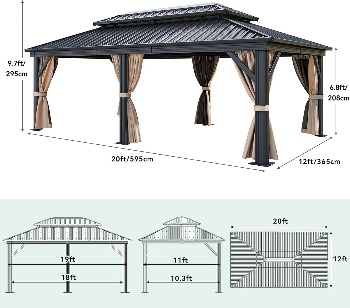 12x20ft Gazebo Hardtop Canopy Heavy Duty Double Roof Outdoor w/Nettings and Curtains