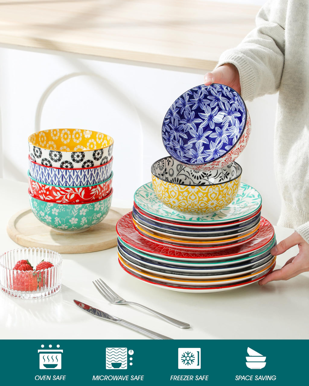 Plates and Bowls Set for 6, 18 Pieces Dinnerware Sets, Mircowave and Dishwasher Safe Dishes Set, Porcelain Muted