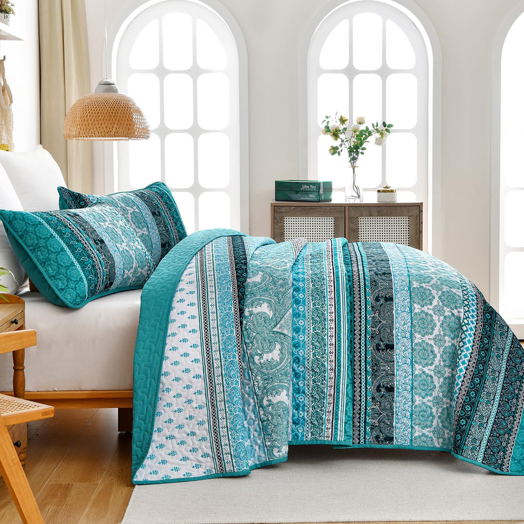 Boho King Quilt Set, 3 Pcs Teal Bedspread Covrtlet Set