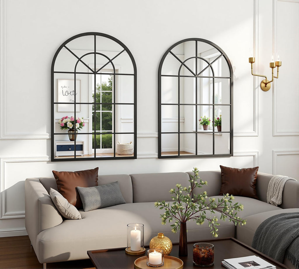 Arched Wall Mirror, 42"x30" Metal Frame Windowpane Mirror, Black