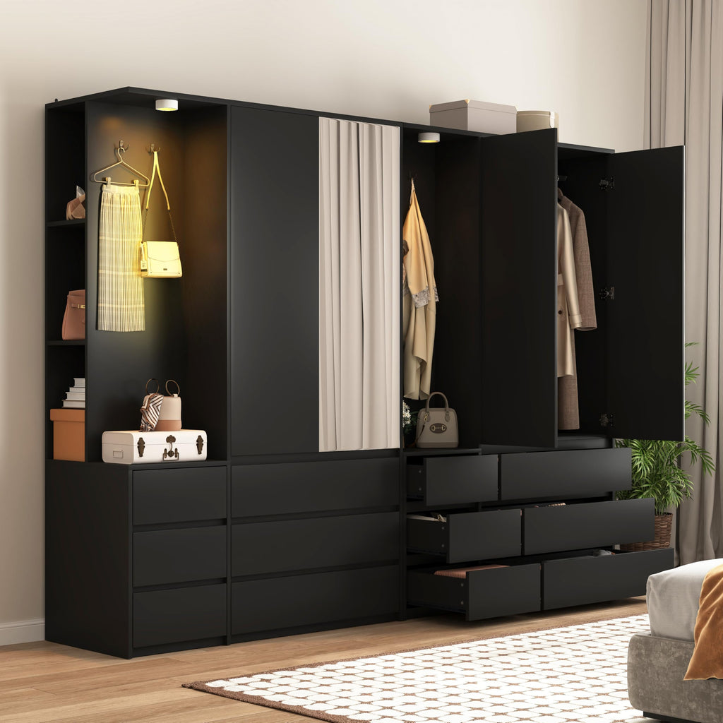 Armoire Wardrobe Closet with Mirror Door and LED Light, Bedroom Armoire with 6 Drawers, Modern Wooden Large Wardrobe
