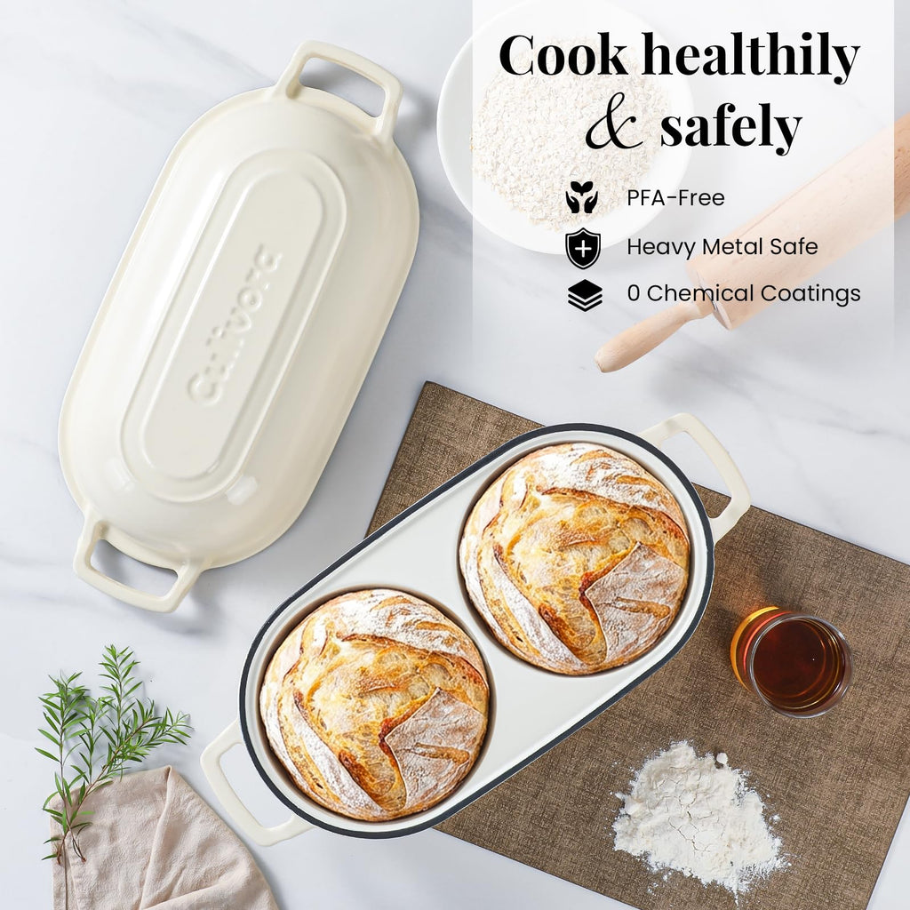 Cast Iron Double Dutch Oven, Mini Enamel Sourdough Bread Pan with Lid