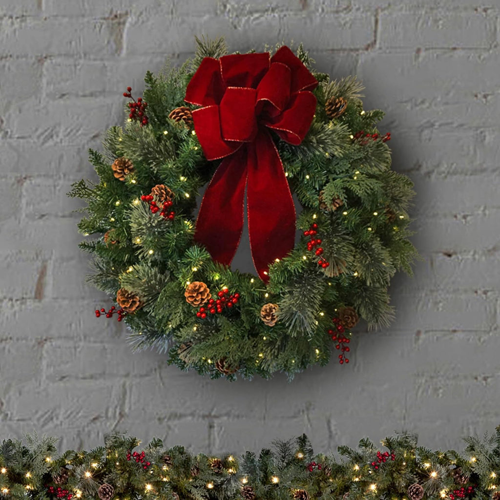 Classic 30-inch Christmas Wreath for Front Door - Large Size Door Wreath with Warm White Energy-Efficient LED Lights