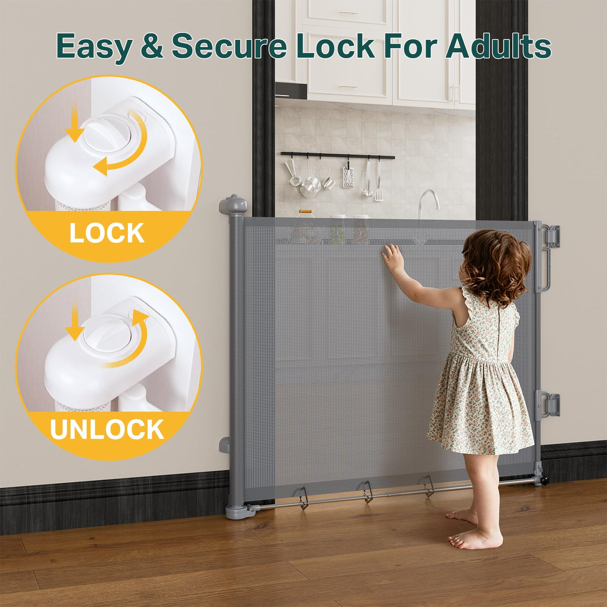 37-55" Retractable Baby Gates for Stairs & Doorways, Gray
