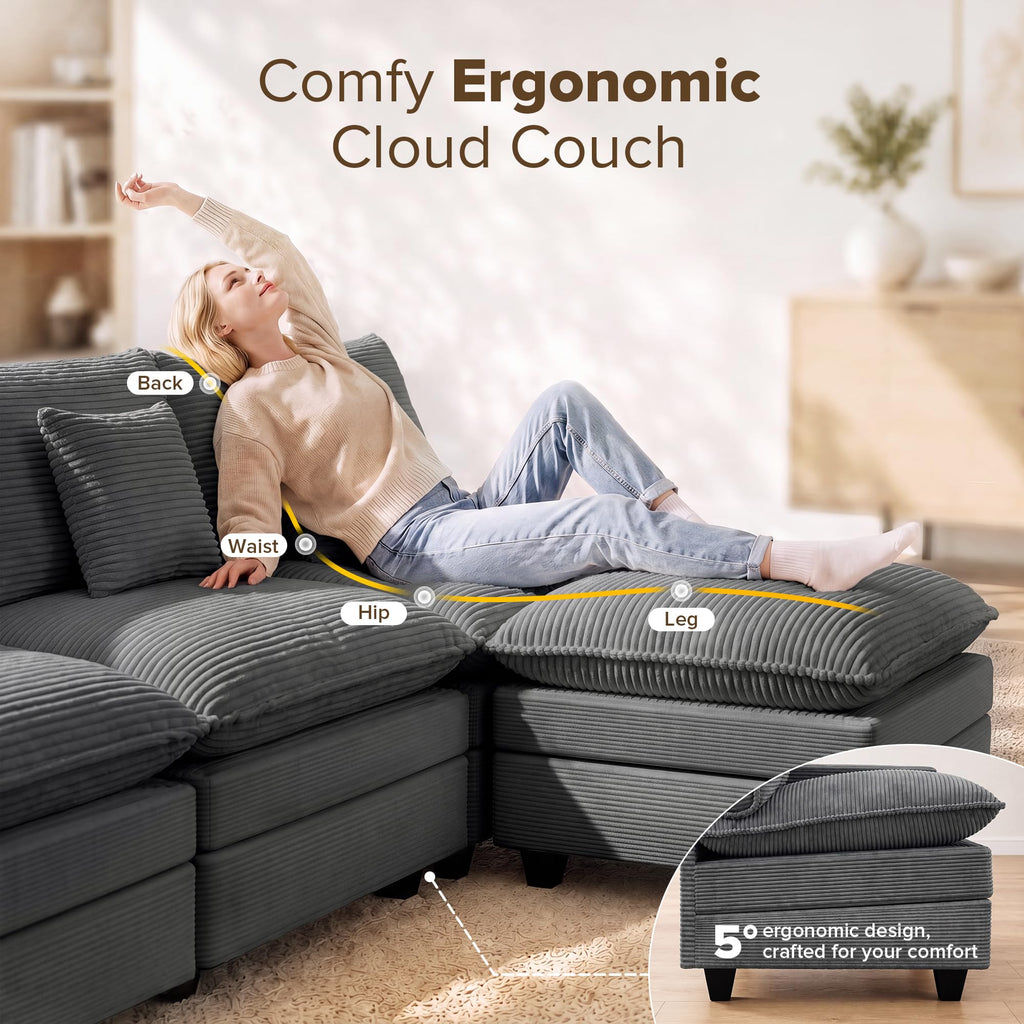 133 Inch Cloud Couch Sectional, Corner Modular Sectional Sofa with Ottoman