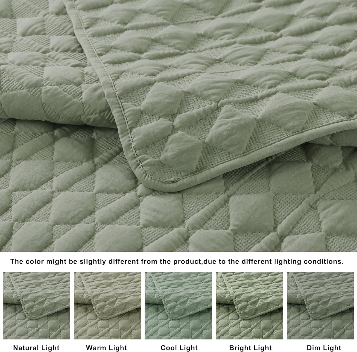 Sage Green Quilt Bedding Sets with Pillow Shams, Lightweight Soft Bedspread Coverlet, Quilted Blanket Thin