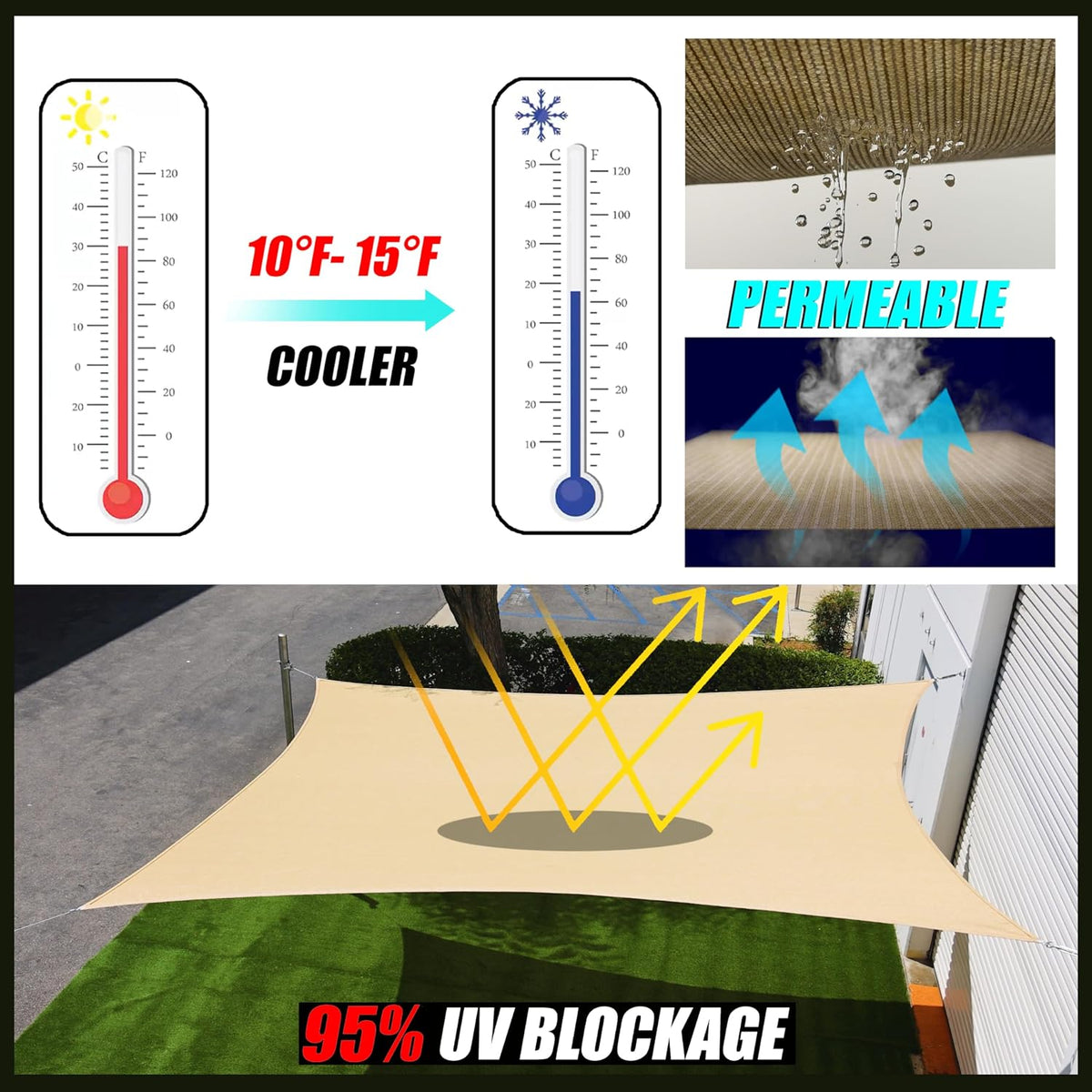 20' x 20' x 20' Beige Triangle Sun Shade Sail Canopy Outdoor Patio Fabric Screen Awning RTAPT20 - UPF50+ 95% UV