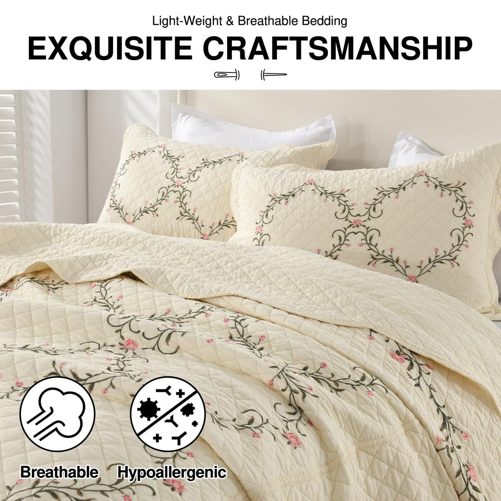 Embroidered Oversized Bedspread 100% Cotton Reversible Quilt