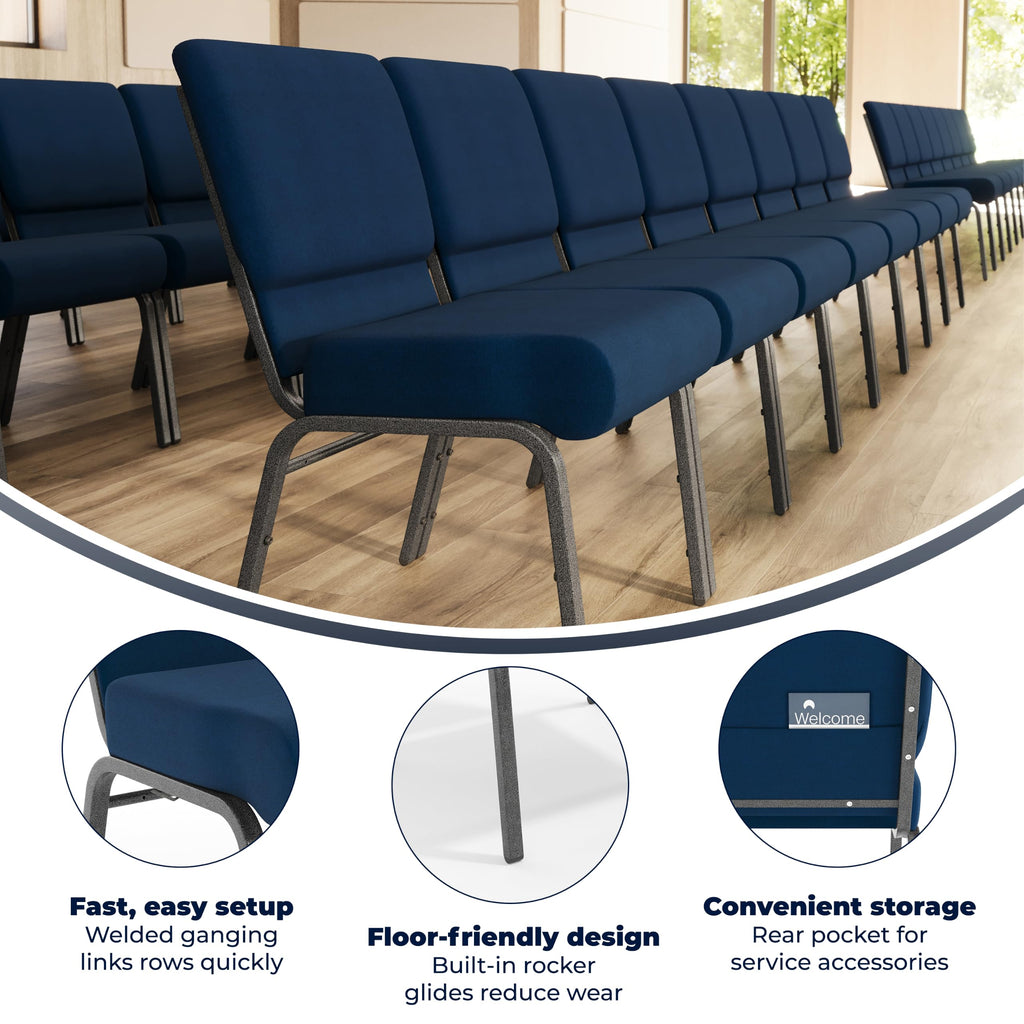 Series 21''W Stacking Church Chair in Navy Blue Fabric - Silver Vein Frame