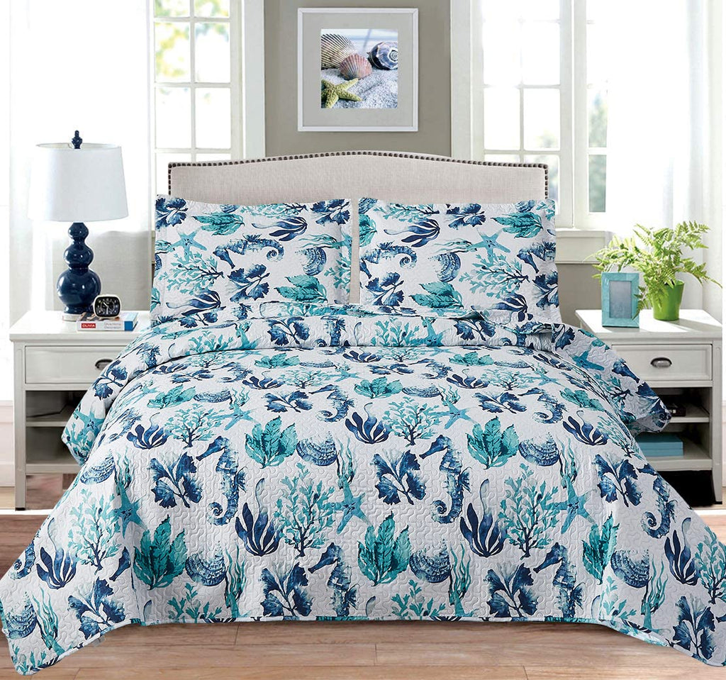 3 Pcs Summer Coastal Quilts Conch Seashell Coverlet Set Lightweight Beach Bedspreads Reversible Ocean