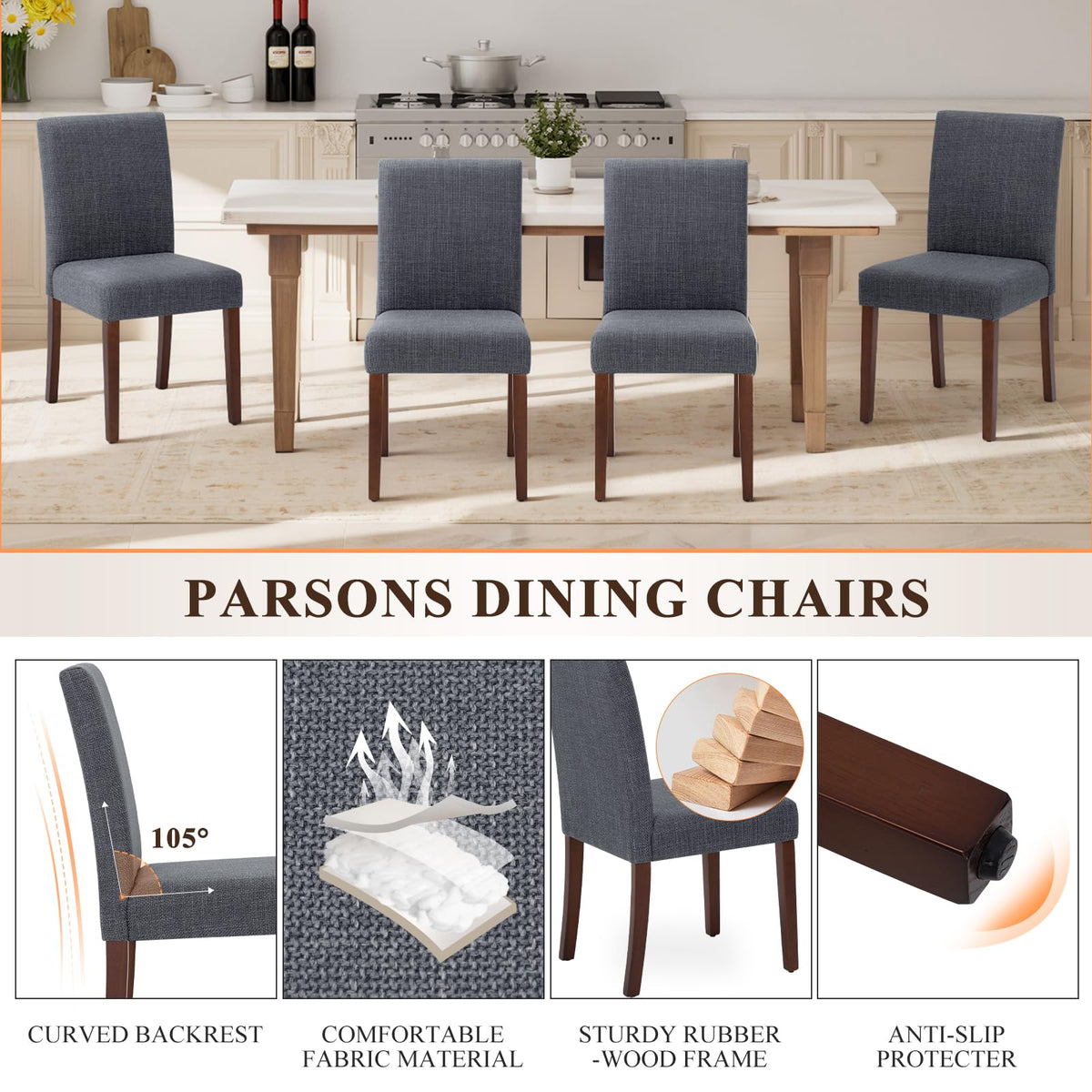 Upholstered Parsons Dining Chairs Set of 6, Modern Dining Room Chairs with Back, Fabric Kitchen Side Chairs with Wood
