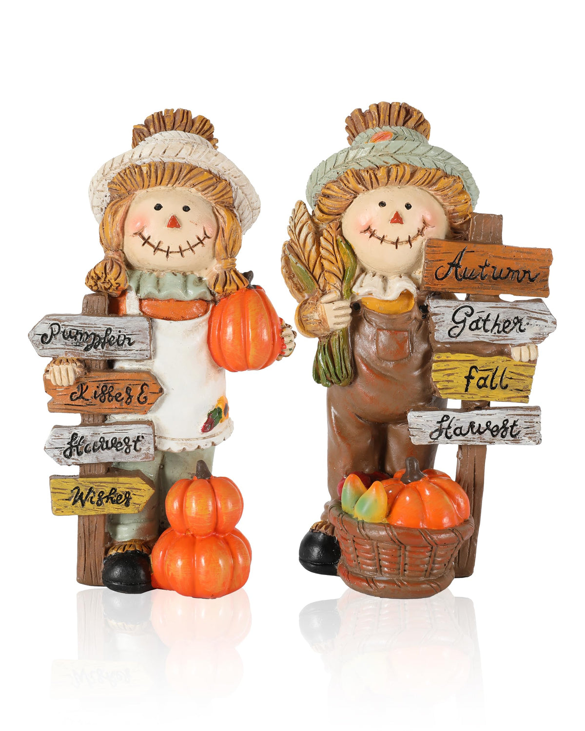 2-Pack Thanksgiving Scarecrow Figurines with Inspirational Autumn Plaques - Durable Resin 5.5'' Thanksgiving Table