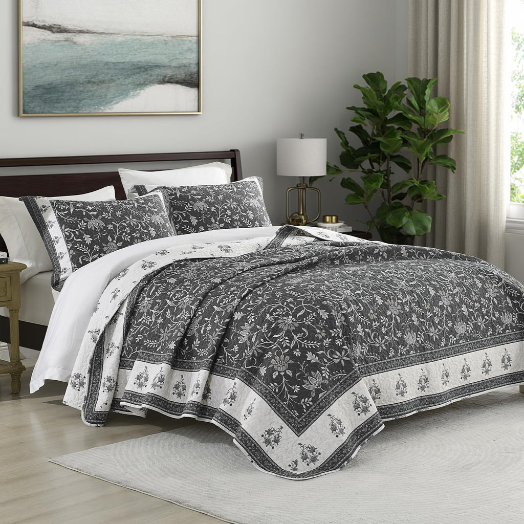 Farmhouse Botanical Quilt Set - 100% Cotton Quilts with 2 Pillow Shams, 3 Piece Bedspread Lightweight Bedding