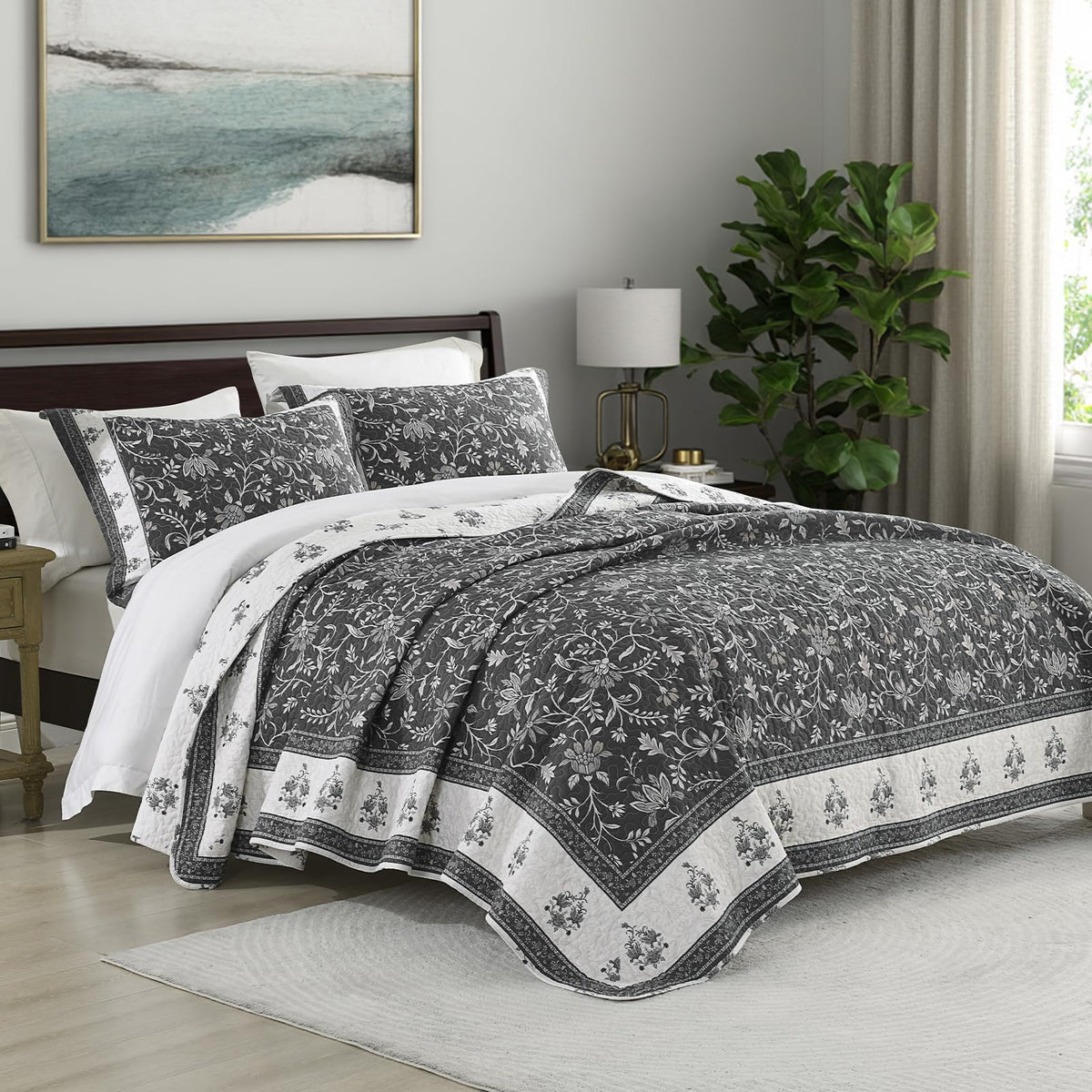 Farmhouse Botanical Quilt Set - 100% Cotton Quilts with 2 Pillow Shams, 3 Piece Bedspread Lightweight Bedding