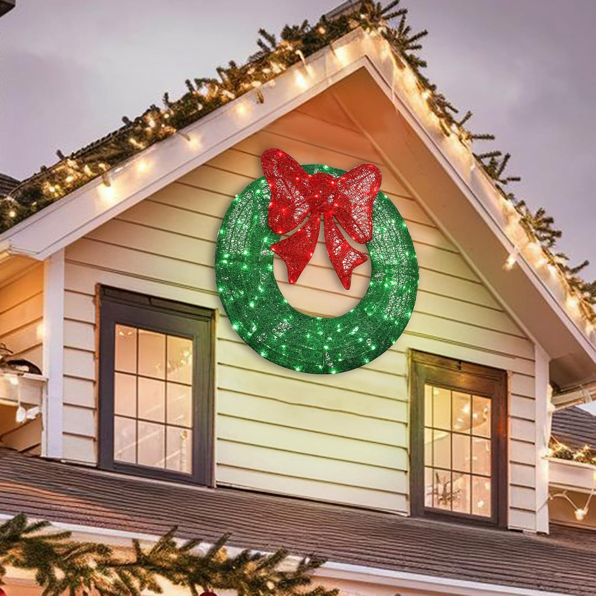 48in Pre-Lit Outdoor Christmas Wreath Decoration, 234LED Lights Metal Holiday Decor , Bow - Green/Red
