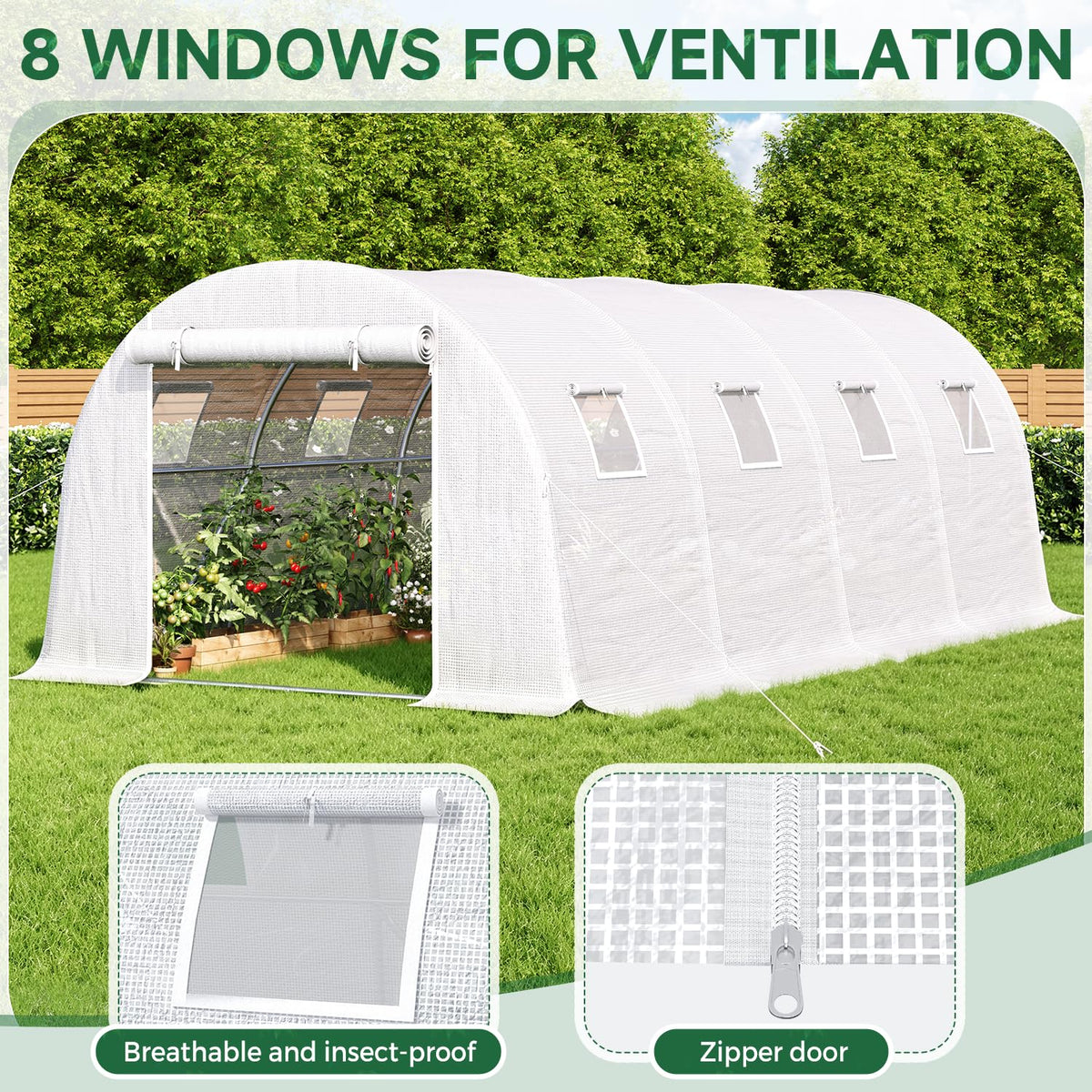 20*10*7FT Walk-in Tunnel Greenhouse, Galvanized Steel, White