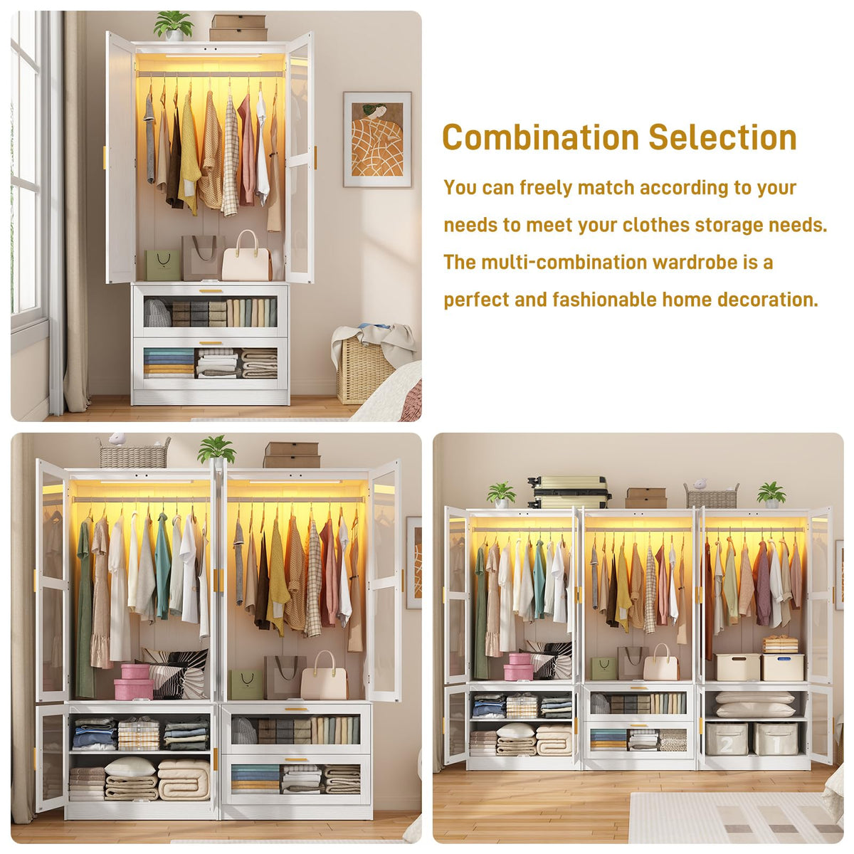 6 Doors Armoire Wardrobe Closet with LED and Mirror, 71" H Freestanding Wooden Wardrobe Closet Cabinet w 2