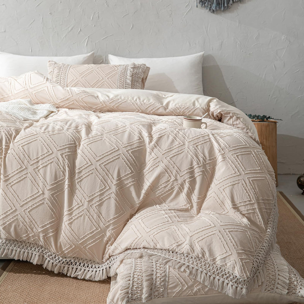 Boho Tufted Bedding Sets, Beige Cream Queen Duvet Cover Set 3 Pieces, Embroidery Jacquard Design Shabby Chic