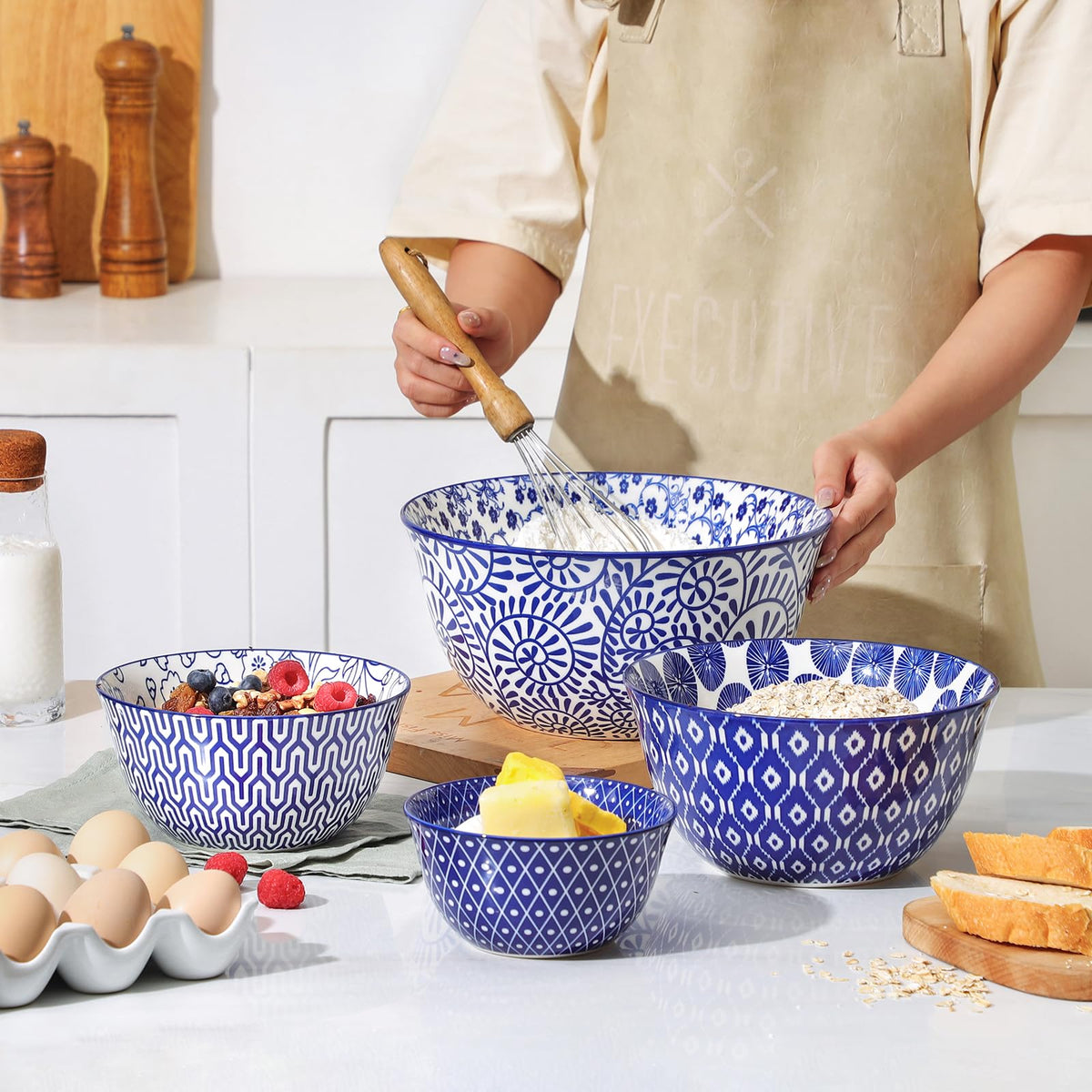 Ceramic Mixing Bowls Set of 4, 20/36/60/123 oz, Vintage Blue