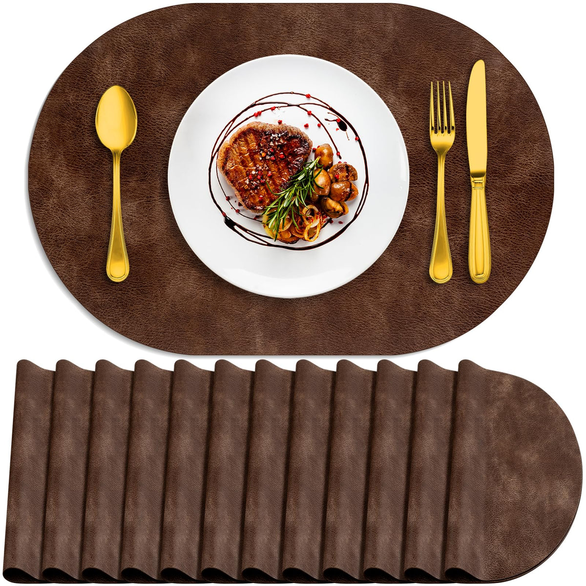 Oval Placemats Set of 12, Wipeable Faux Leather, Brown
