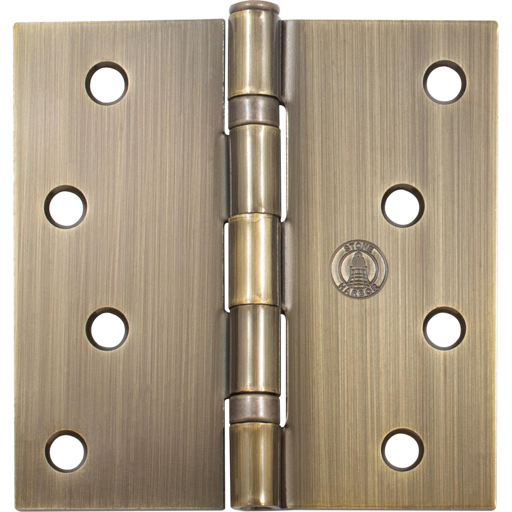 4" Ball-Bearing Door Hinges, Square Corner, Antique Brass, 3-Pack