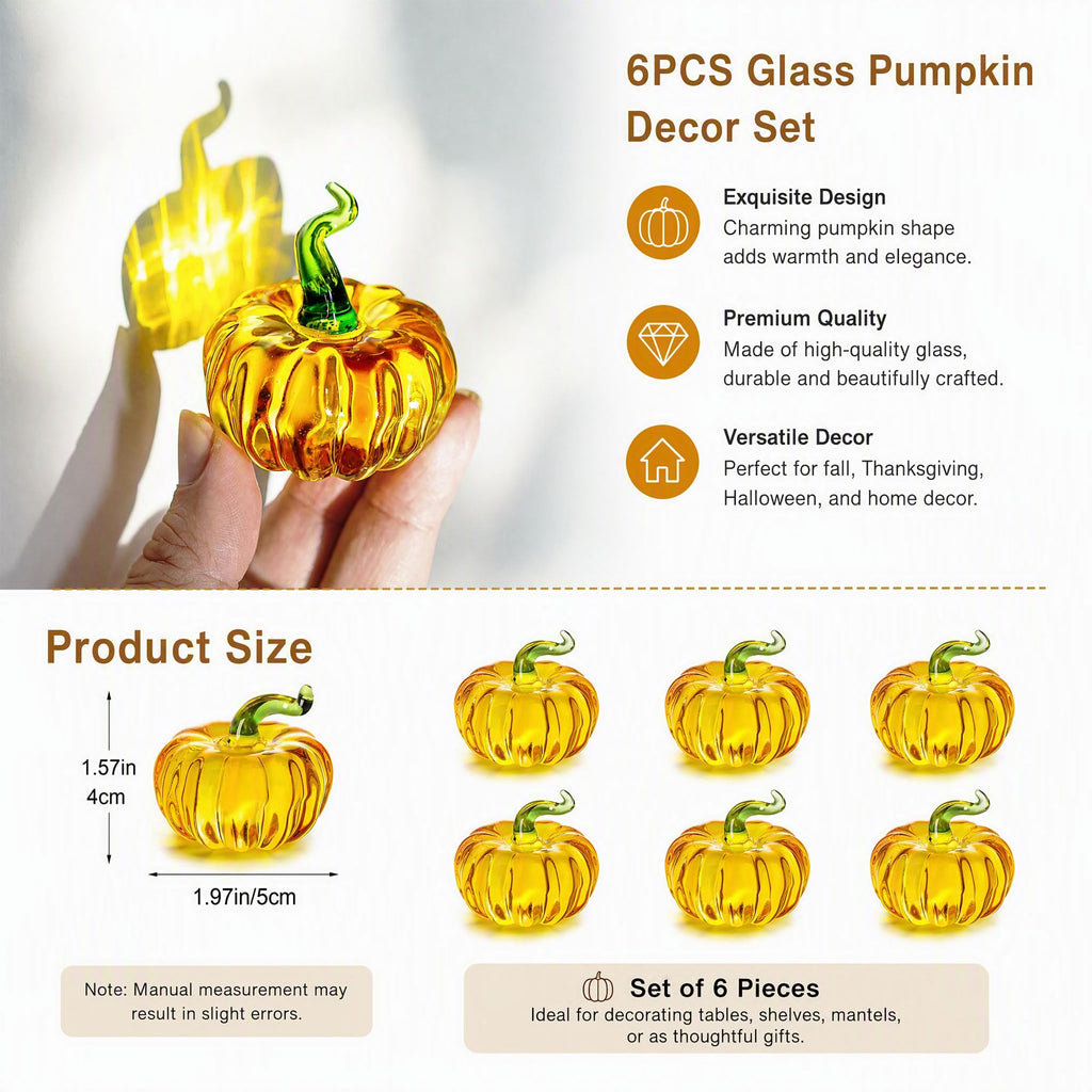 6-Piece Mini Glass Pumpkin Figurines for Decorating, Pumpkins Fall Decor