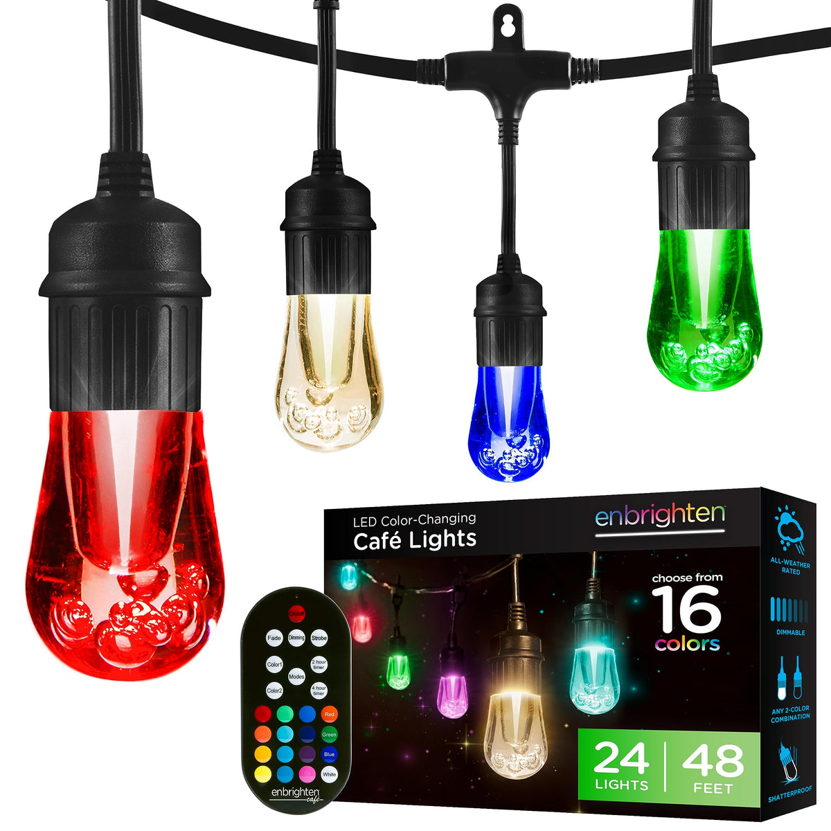 Vintage Outdoor String Lights, 48ft, 24 Bulbs, Remote Control