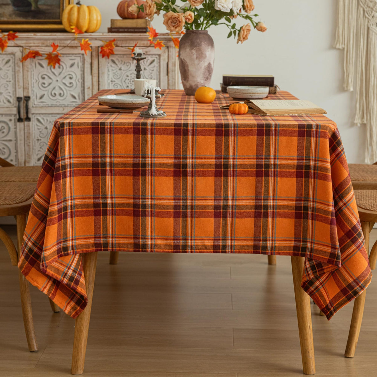 Plaid Fall Tablecloth Thanksgiving Rectangle 60x104 Inch Orange Red