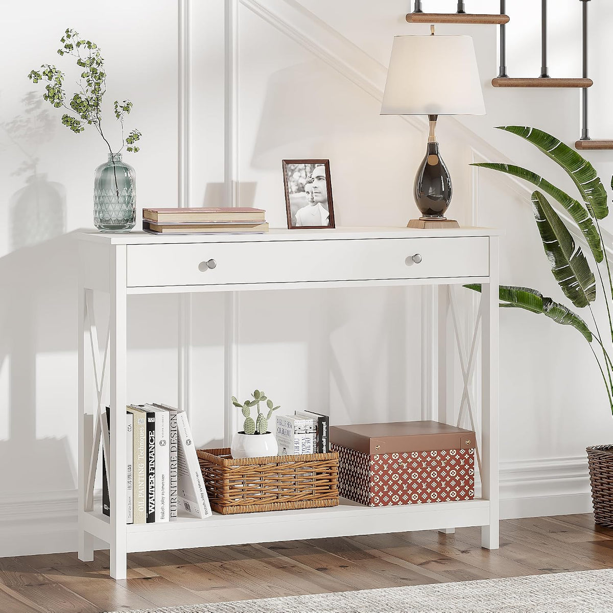 White Console Table with Drawer and Storage Shelves, Foyer Sofa Table Narrow