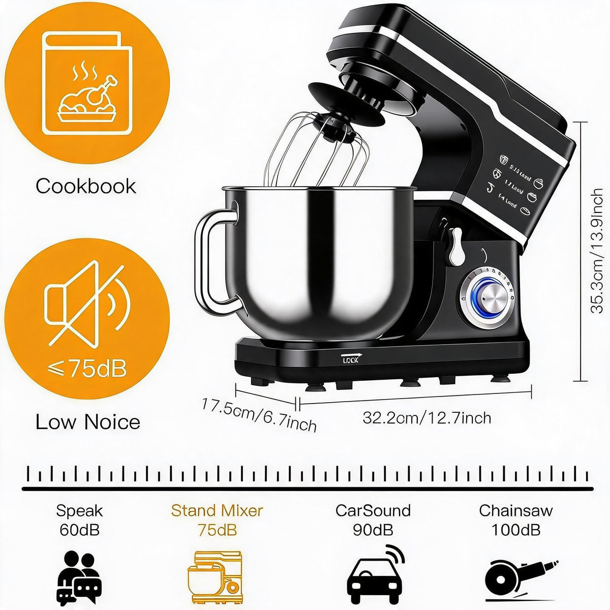 Stand Mixer Dough Mixer 7QT 660W 10-Speed Tilt-Head Dough Mixer, Electric Kitchen Mixer with Stainless Bowl, Hook