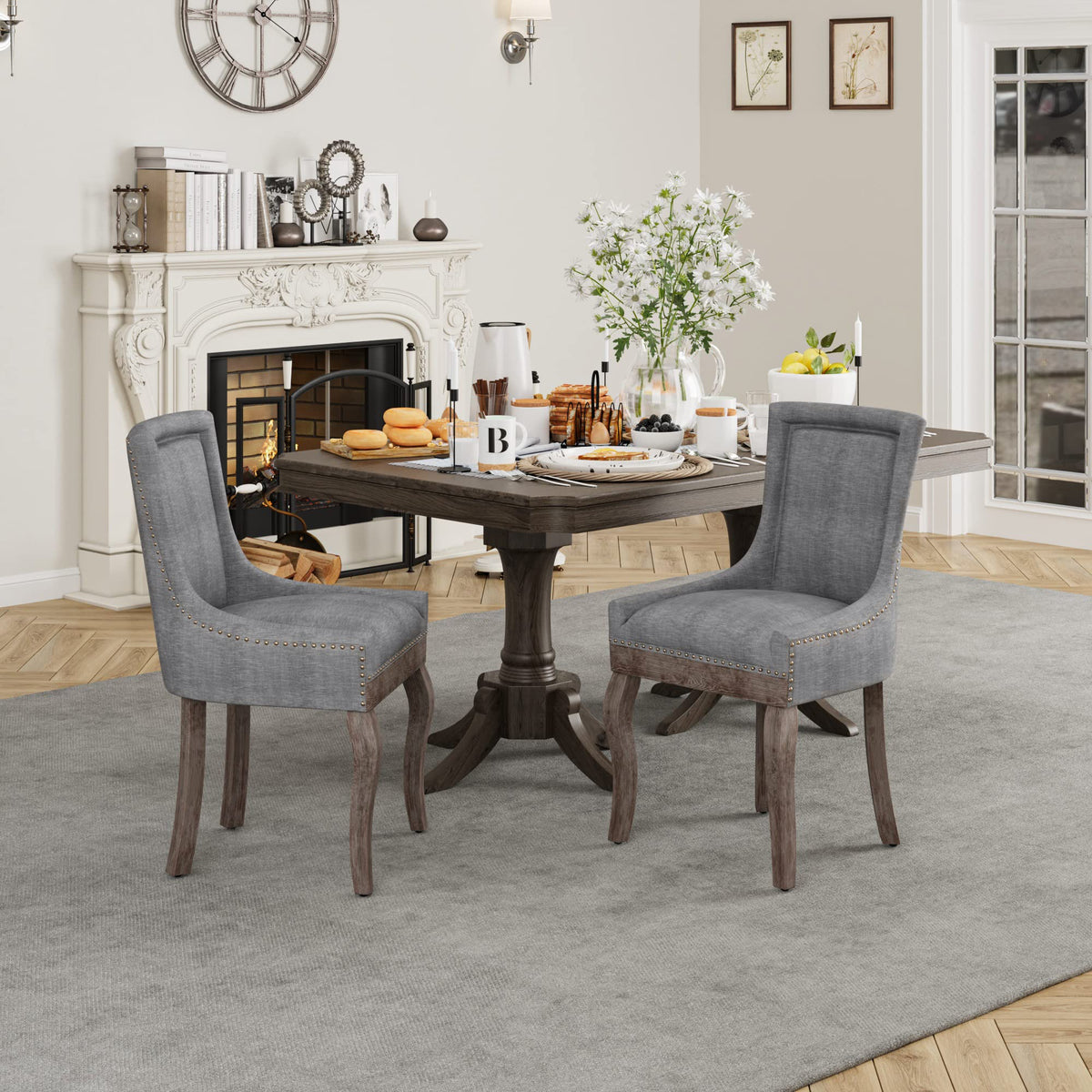 Fabric Vintage Upholstered Side Chairs Set of 2, Sillas De Comedor, Farmhouse Solid Wood Kitchen Dining Room Chairs