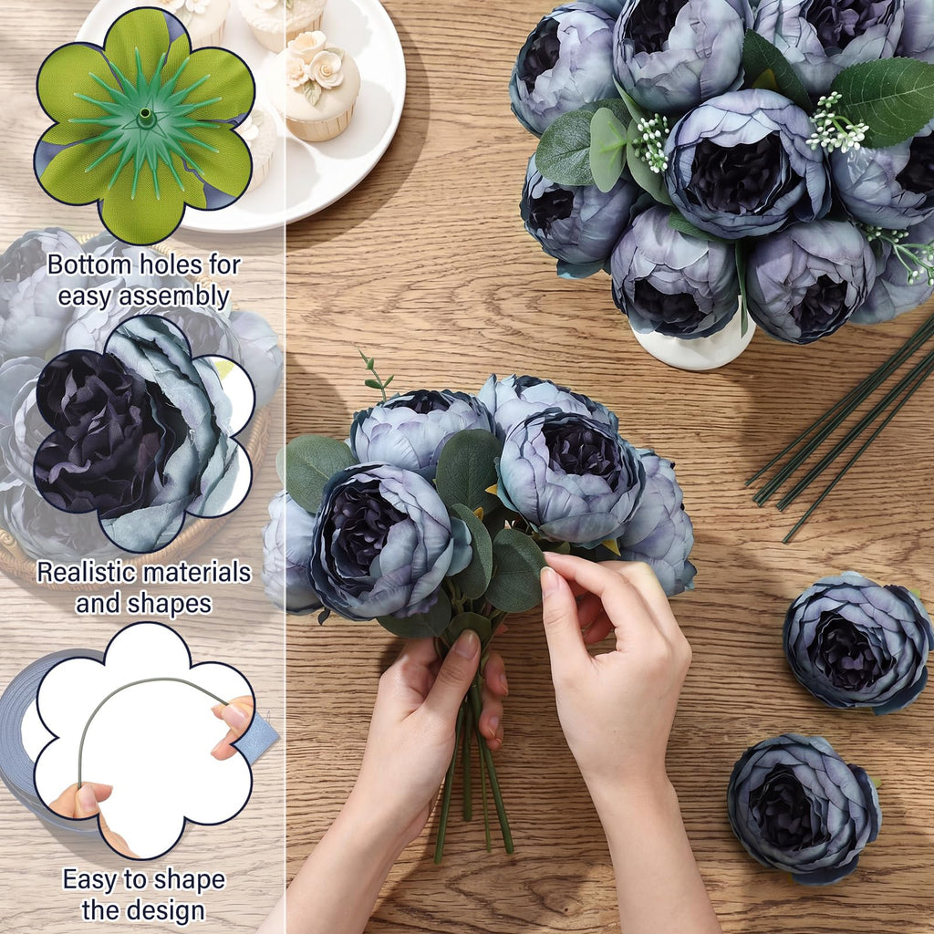 50 Pcs Artificial Peony Flower Heads 3.5 Inch with Stem, Gray-Blue