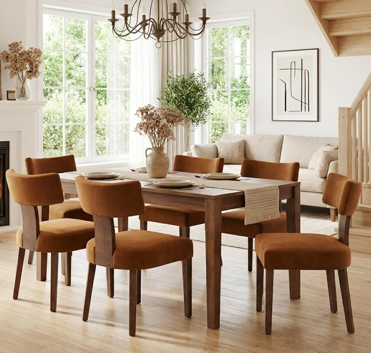 Mid Century Modern Dining Chairs Set of 6, Upholstered Wooden Dining Room Chairs, Farmhouse Kitchen Chairs, Accent