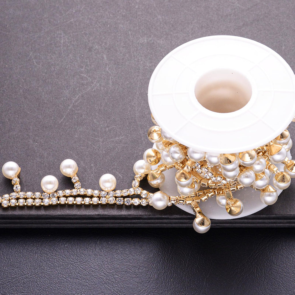 Pearl Tassel Crystal Rhinestone Trim, Inlaid Pearl Beaded Chain - 1 Yard