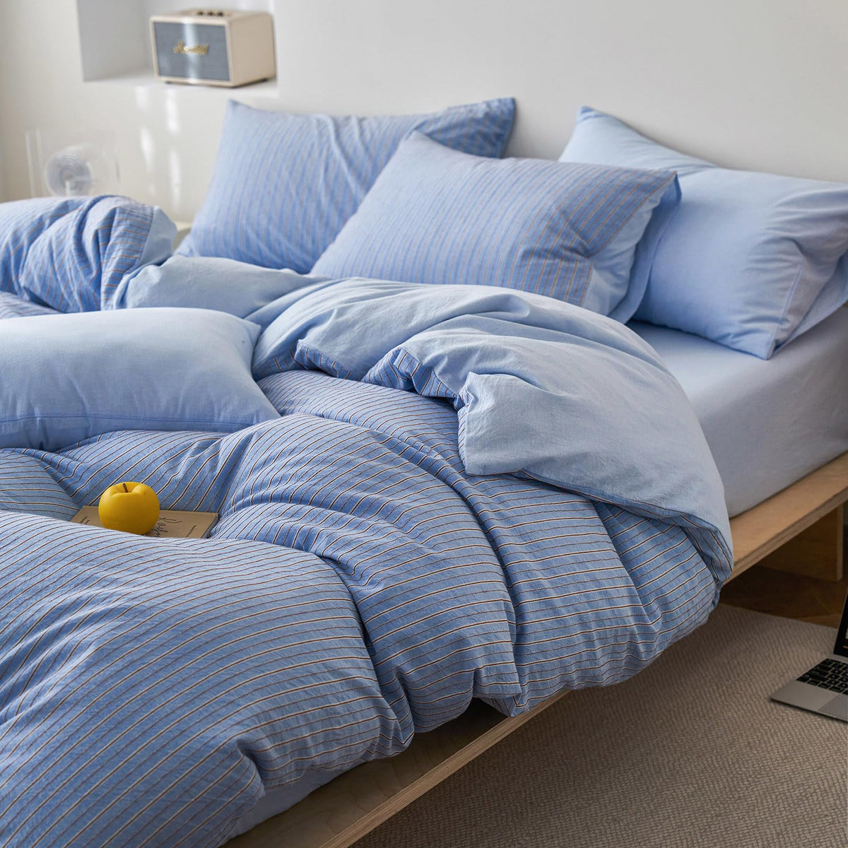 Washed Cotton Blue Vertical Striped Duvet Cover Full Jacquard