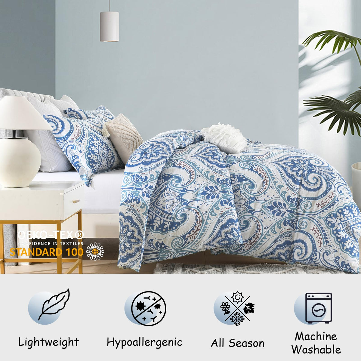 100% Cotton Duvet Cover Queen Size - Blue Damask Queen Duvet Cover Set with Zipper Closure & 8 Corner Ties, 3 Pieces