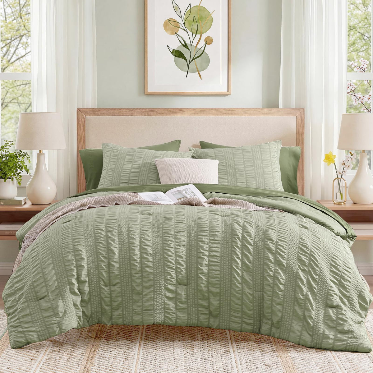 Full Size Comforter Set, 7 Pieces Sage Green Seersucker Bed in a Bag Full Size Soft All Seasons, Bedding Sets Full