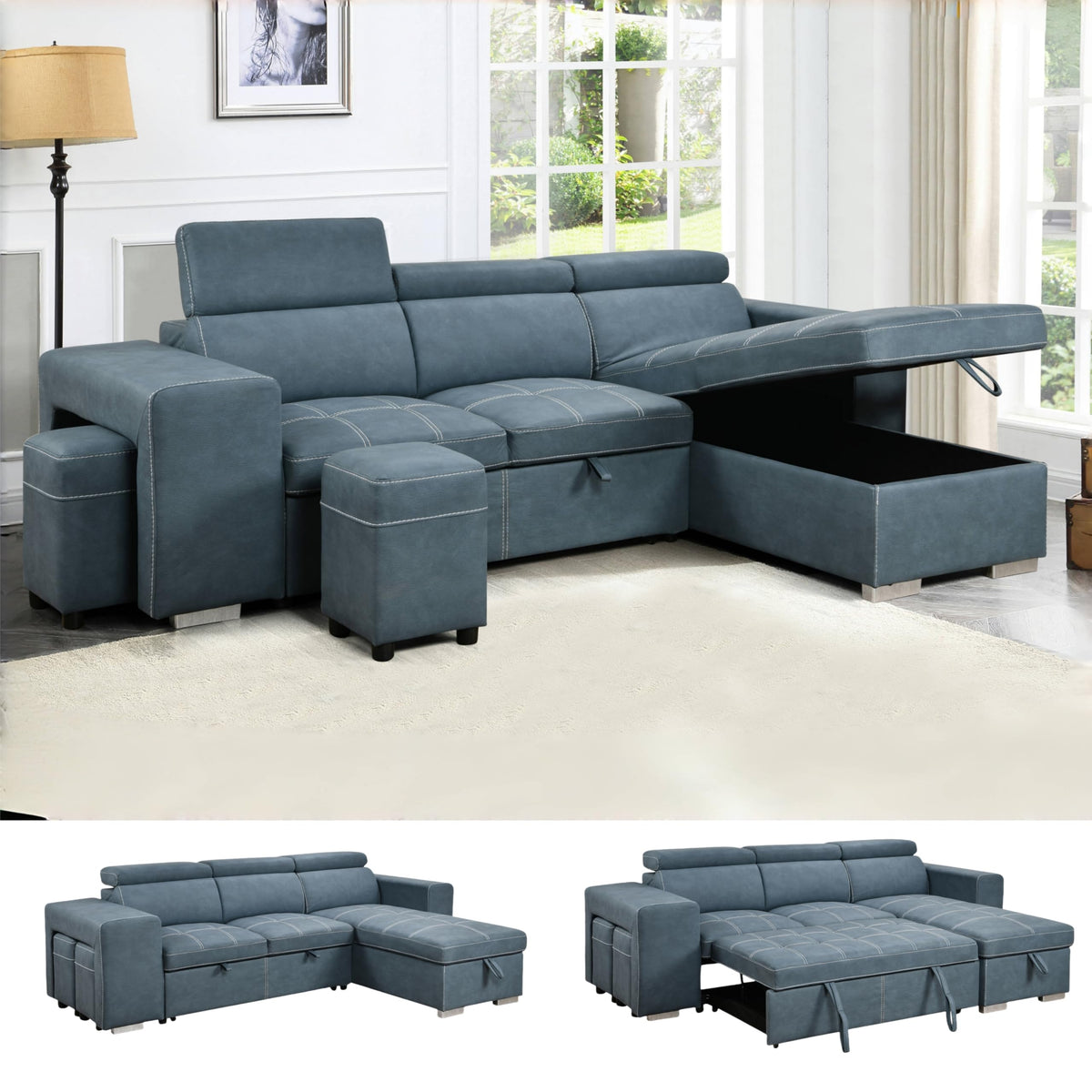 102'' Microfiber L Shaped Sectional Sleeper Sofa Couch with Pullout Bed and Storage Chaise, Convertible Couches with