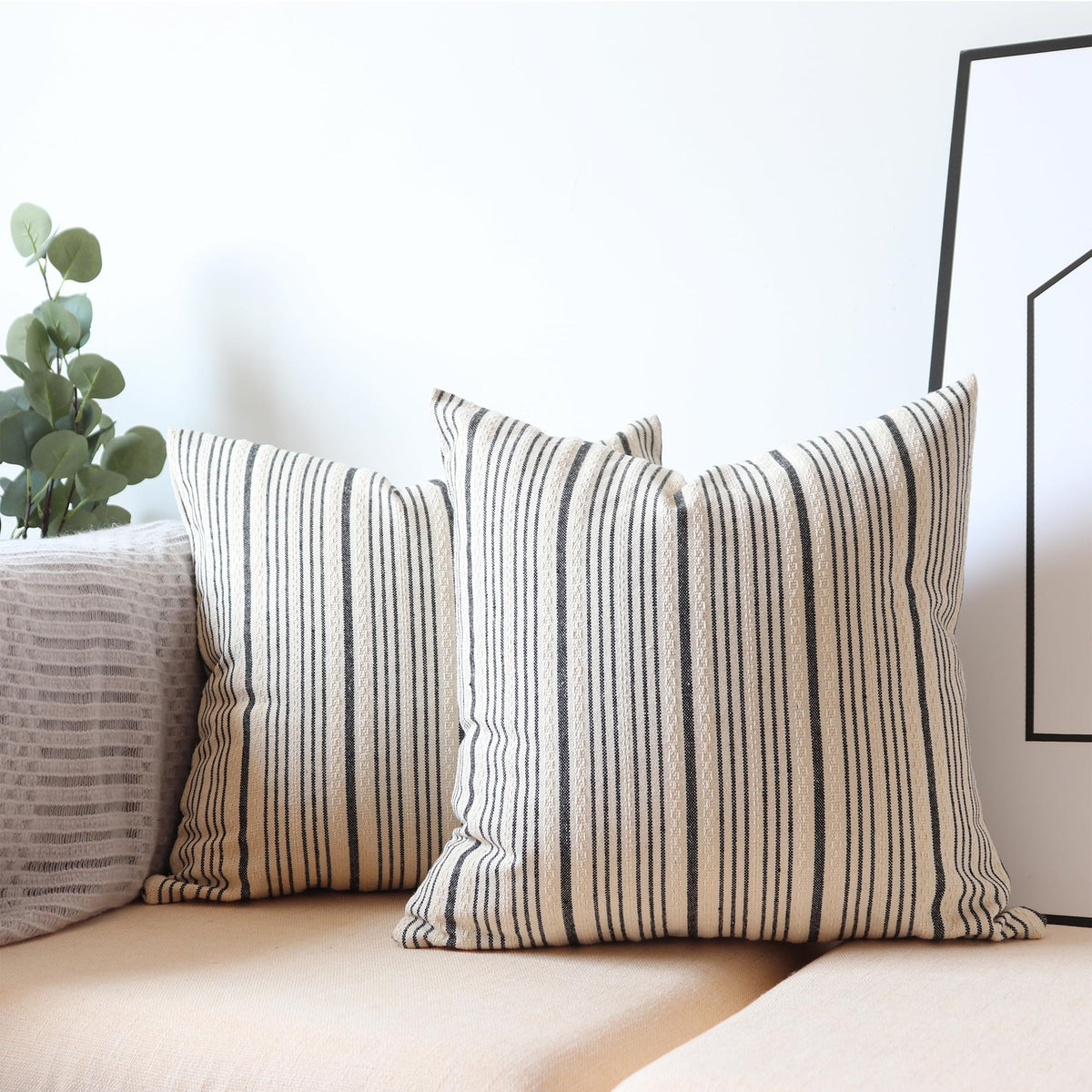 Black Outdoor Striped Pack of 2 Couch Throw Pillow Covers 18x18