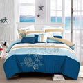 Blue and Navy Comforter Set - Coastal Beach Seashell and Starfish Embroidery Color Block Striped Bedding Set