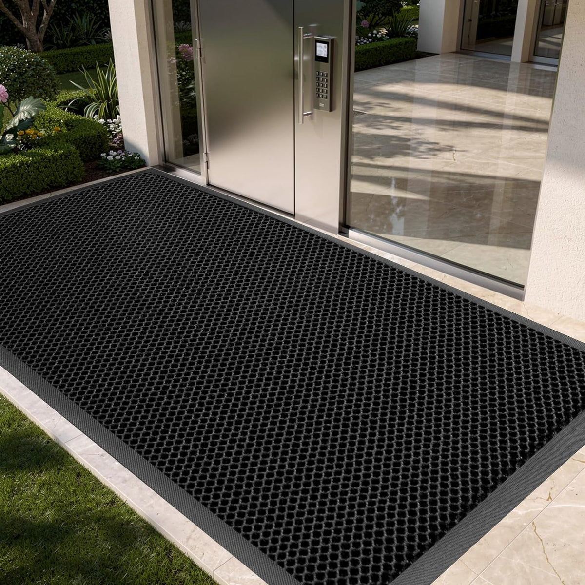 Front Door Mat Outside Entrance, 35"x59" Heavy Duty Non-Slip Doormat | Stretch Mesh, Low-Profile, Dirt Trapper