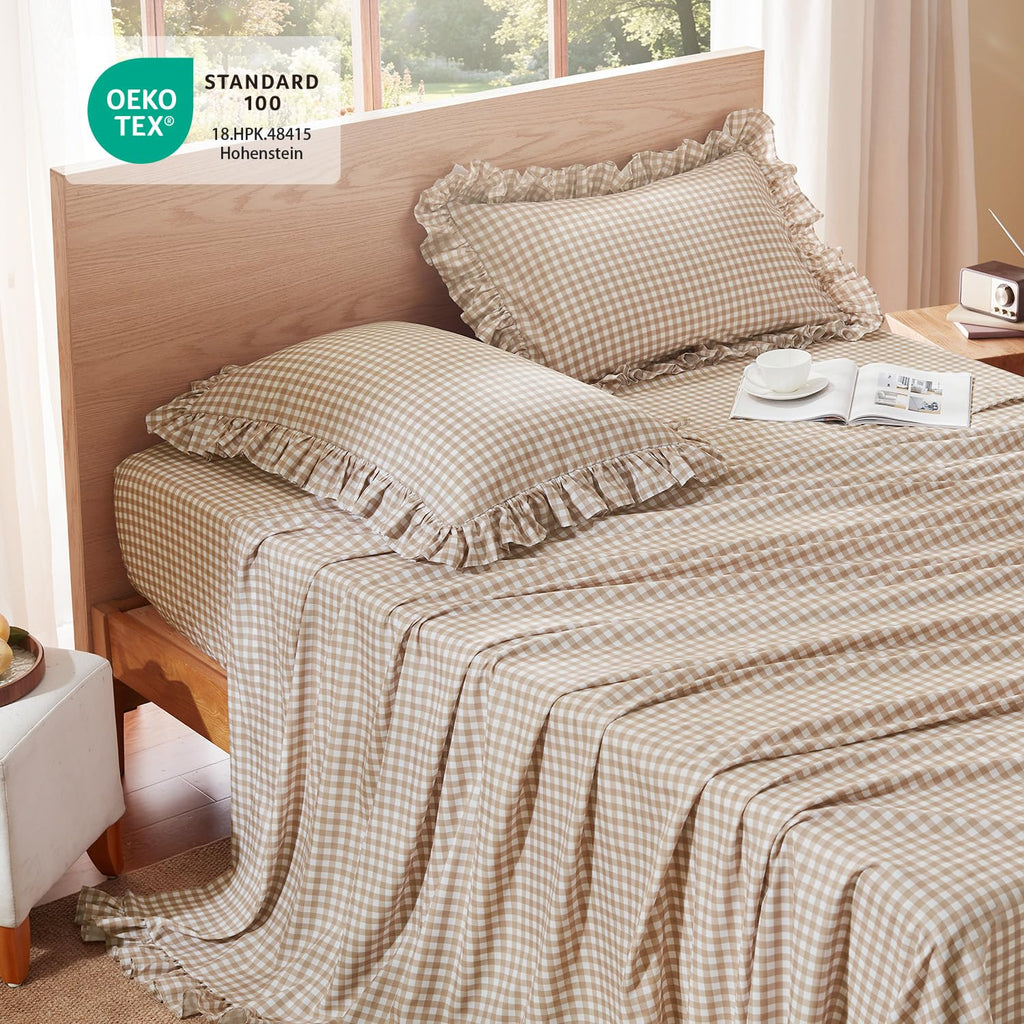 Tan Gingham Ruffle Sheets Set 4 Pieces