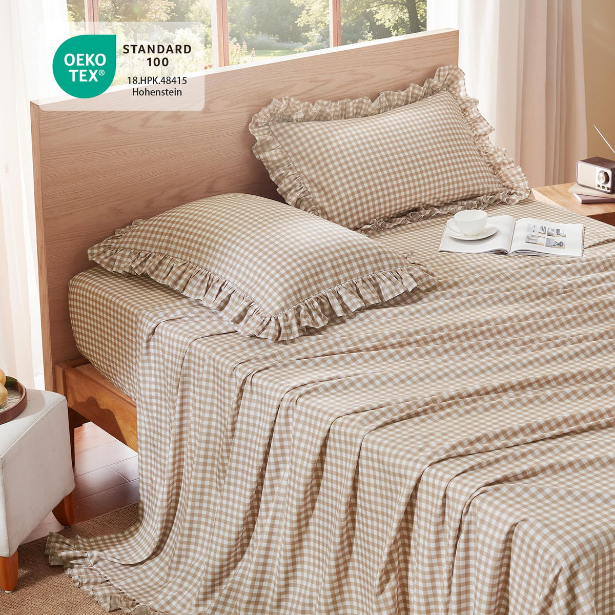 Tan Gingham Ruffle Sheets Set 4 Pieces