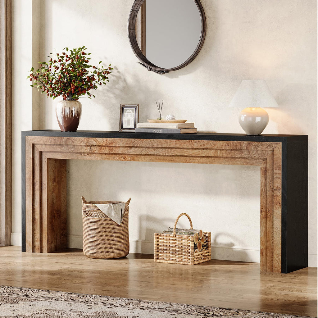 70.9-Inch Long Console Table, Farmhouse Narrow Wooden Sofa Table Behind The Couch, Foyer, Black + Natural Wood Color